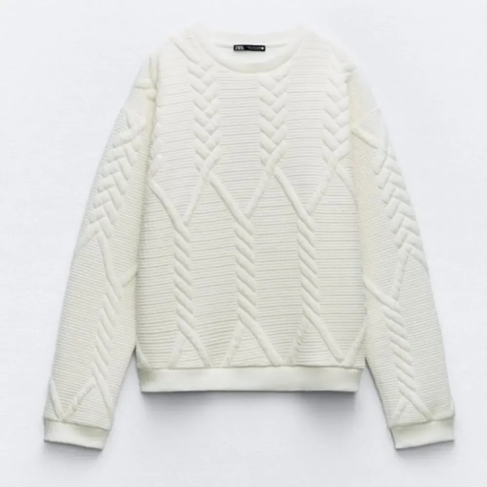 Zara White Quilted Pullover Sweatshirt Sweater Ribbed Knit Crewneck Small